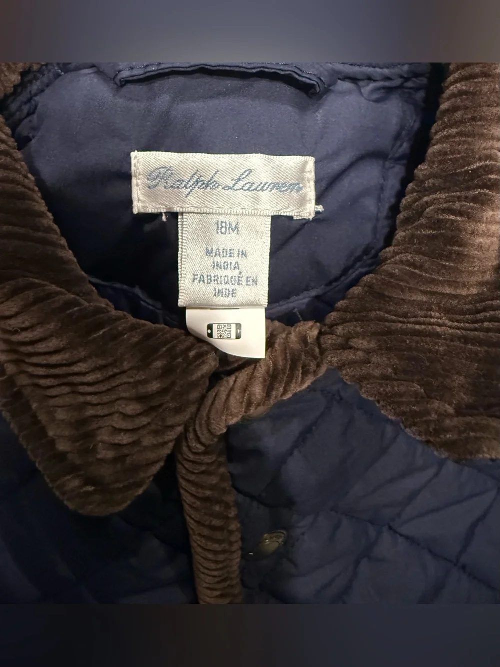 Ralph Lauren quilted barn jacket in navy blue with a brown corduroy collar kids